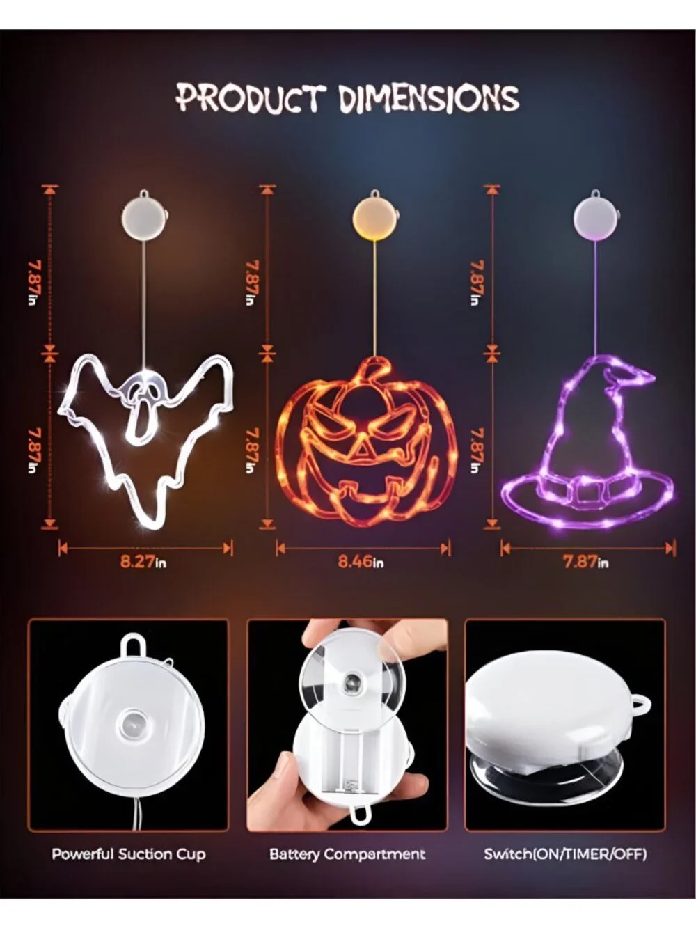 3 Pack Halloween Windows Lights - Pumpkin, Ghost, Hat with Timer